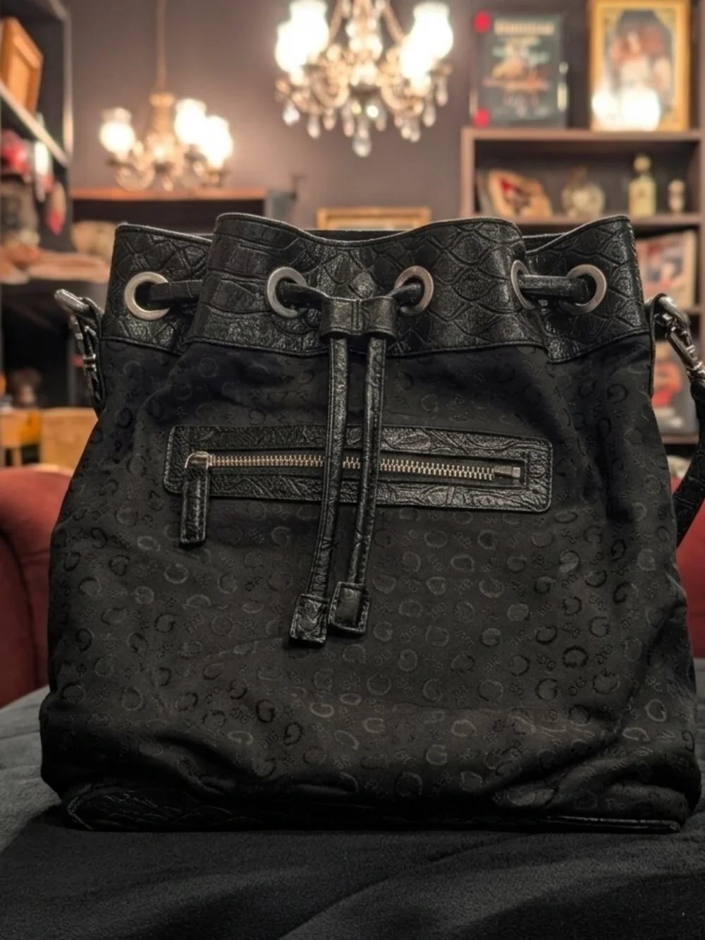 Vintage Guess‎ Black Monogram Bucket Bag